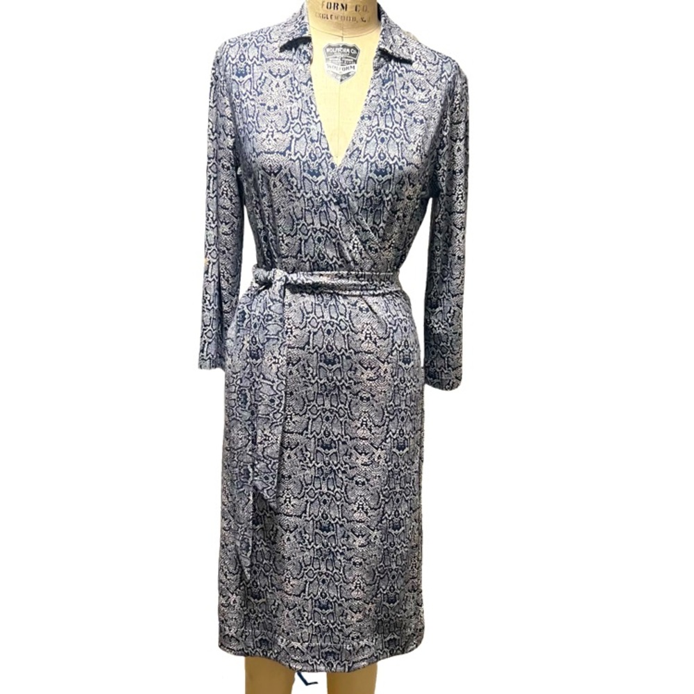 DEVERNOIS Vintage Long Sleeve Wrap Midi Dress in Snake Print Size 2